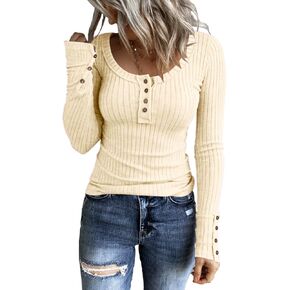 KINLONSAIR Women’s Long Sleeve Henley T Shirts Button Down Slim Fit Tops Scoop Neck Ribbed Knit Shirts in Kuwait