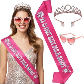 21st Birthday Sash for Women - 3Pcs 21 & Hot Buy Me a Shot Satin Sashes with Silver Foil, Tiara and Glasses Set, Girls 21st Birthday Night Party Accessories Twenty One Bday Favors in Kuwait