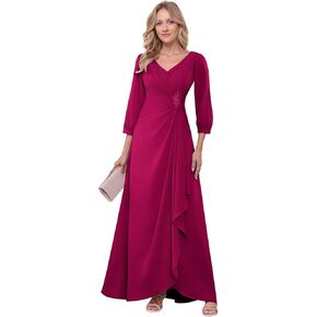 Women’s Chiffon Mother of The Bride Dresses for Wedding 3/4 Sleeve Lace Pleated Ruched V Neck Formal Evening Gown in Kuwait