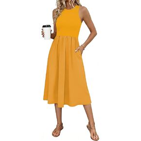 Naggoo فستان نسائي بدون أكمام صيفي غير رسمي فستان الشمس المتدفق متماسكة تانك توب Racerback فساتين متوسطة الطول جيوب in Kuwait