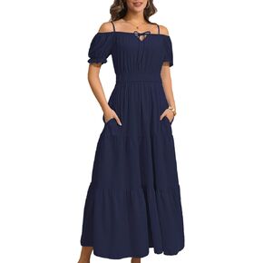 فساتين نسائية صيفية كاجوال طويلة بدون أكتاف فستان صيفي بأكمام منتفخة للشاطئ فستان طويل للشمس in Kuwait