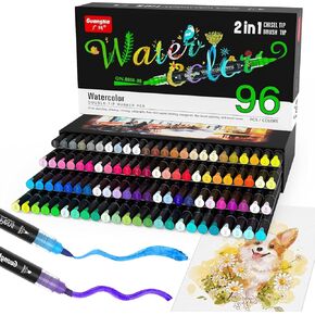 DICEKOO Professional 96 Colors Watercolor Pens Set Dual Tip, Brush and Chisel Tip Markers, Water-based Ink, Odorless and Water-resistant, Easily Blendable, Vivid, Smooth, Professional Art Supplies in Kuwait