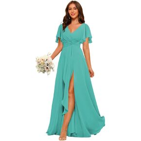 Women's Chiffon Bridesmaid Dress 2026 Short Sleeves Formal Dress GO040 in Kuwait