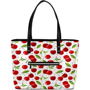 Fruit Cherry Pattern Tote Bag Women Shoulder Handbags PU Leather Everyday Bag with External Pocket Large Capacity Aesthetic Corduroy Tote Bag for Travel Work Party in Kuwait
