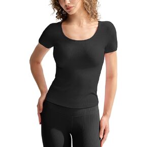 Ribbed Short Sleeve Scoop Neck Shirts Slim Fit Crop Tops Tee T Shirt for Women in Kuwait
