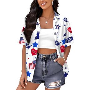 4th of July Hawaiian Shirts Women American Flag Patriotic Short Sleeve Button Down Outfits Summer Vacation Tops in Kuwait