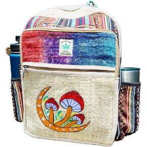 حقيبة ظهر من القنب - حقيبة سفر متعددة الجيوب، حزمة كمبيوتر محمول للجنسين، حقيبة نيبالية مخططة من القطن للمهرجانات والمشي لمسافات طويلة (17 بوصة، 2 جيب كبير + 2 جيب للزجاجات) in Kuwait