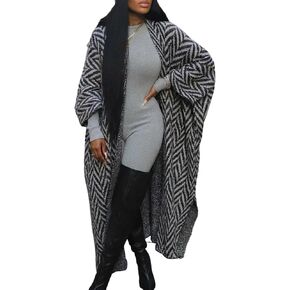 سترة صوفية طويلة مخططة للسيدات من Ptorlio مقاس كبير وخفيفة الوزن ومفتوحة من الأمام ومعطف مريح بالأزرار عصري in Kuwait
