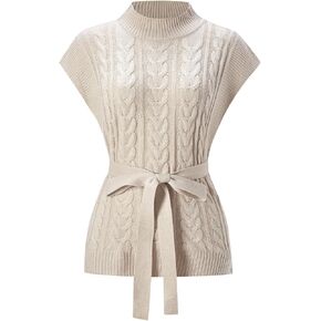 Women's Mock Neck Cable Knit Long Sweater Vest Belted Split Hem Cap Sleeve Dressy Casual Sweaters in Kuwait