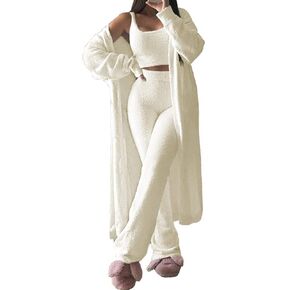 Linsery Womens Fuzzy Three Pc Cozy Pajamas Sets Open Front Cardigan Crop Vest Tops Wide Pants Winter Fleece Outfits Camel L in Kuwait