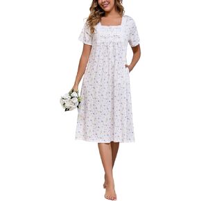 Rubehoow Nightgown Women's Short Sleeve Victorian Nightdress Vintage Soft Cotton Pajama Dress with Pockets in Kuwait
