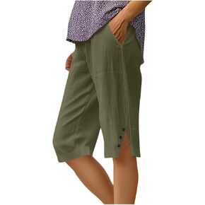 Bermuda Shorts for Women Knee Length Summer Linen Shorts Casual Linen Capris Plus Size Capris Stretchy Beach Pants in Kuwait