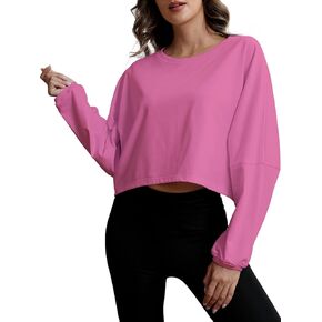 المرأة تجريب قمم البلوز عارضة طويلة الأكمام اقتصاص القمصان Crewneck فضفاضة تناسب الملابس للنساء العصرية الوردي XS in Kuwait