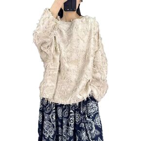 Women's Blouse Frayed Trim Long Sleeve Round Neck Loose Hippie Tee Tops in Kuwait