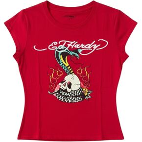 ED HARDY Women's Flame Cobra Cap Sleeve Fitted Tee in Cherry EHW1107-16 in Kuwait