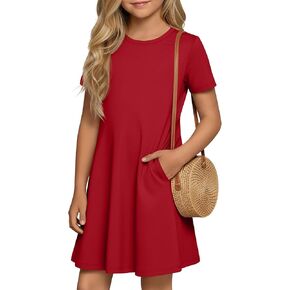 Girls' Short Sleeve Dresses Summer Casual a Line Crew Neck Swing Basic Skater Twirl Kids with Pockets 5-14 Years in Kuwait