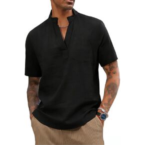 Men's Cotton Linen Blend T-Shirt V Neck Casual Short Sleeve Beach Shirts in Saudi Arabia