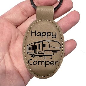 Pawtastic Designs Custom Engraved Happy Camper with 5th Wheel Key Chain Leatherette Tag with Personalized Message in Kuwait