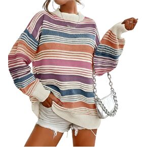 Wyeysyt Womens Striped Pullover Sweaters Fall Oversized Knit Sweaters Crewneck Long Sleeve Loose Tops in Kuwait