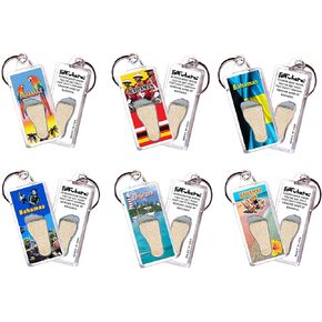 FootWhere Bahamas Souvenir Keychains. 6 Piece Set. Authentic destination souvenir acknowledging where you've set foot. Genuine sand of Bahamas encased inside foot cavity. Made in USA in Kuwait