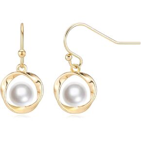 أقراط لؤلؤ أنيقة للنساء 18 قيراط مطلية بالذهب أقراط متدلية على شكل دائرة موبيوس مع لؤلؤ أبيض أنيق متدلي أقراط لحفلات الزفاف ملابس يومية أنيقة إكسسوارات مجوهرات in Kuwait