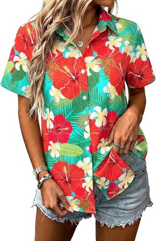 Women Hawaii Shirts Soft Cool Floral Tropic Print V Neck Summer Tops Short Sleeve Button Up Tops T-Shirt in Kuwait