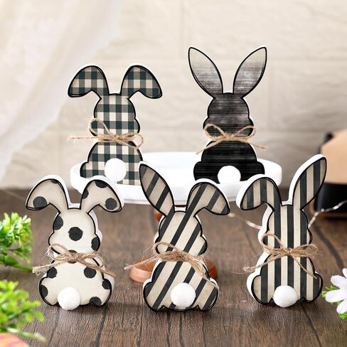 5 Pack Small Easter Bunny Wooden Signs Buffalo Plaid Wavy Line Easter Bunny Table Decor with Jute Rope Bow Spring Tabletop Wood Sign for DIY Home Office Farmhouse Tiered Tray in Saudi Arabia