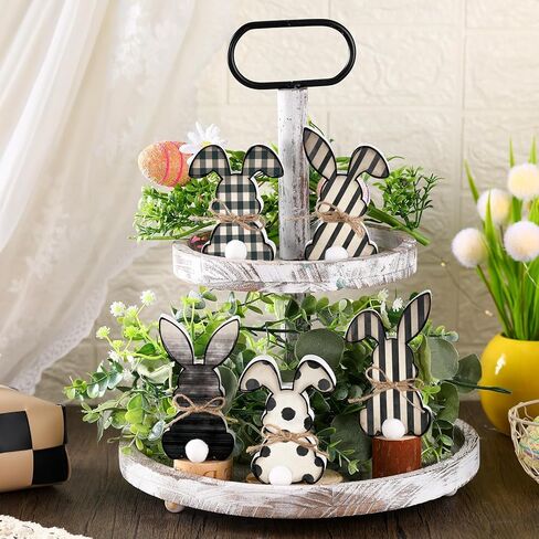 5 Pack Small Easter Bunny Wooden Signs Buffalo Plaid Wavy Line Easter Bunny Table Decor with Jute Rope Bow Spring Tabletop Wood Sign for DIY Home Office Farmhouse Tiered Tray in Saudi Arabia