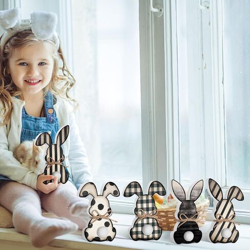5 Pack Small Easter Bunny Wooden Signs Buffalo Plaid Wavy Line Easter Bunny Table Decor with Jute Rope Bow Spring Tabletop Wood Sign for DIY Home Office Farmhouse Tiered Tray in Saudi Arabia