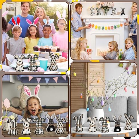 5 Pack Small Easter Bunny Wooden Signs Buffalo Plaid Wavy Line Easter Bunny Table Decor with Jute Rope Bow Spring Tabletop Wood Sign for DIY Home Office Farmhouse Tiered Tray in Saudi Arabia
