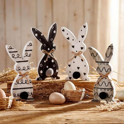 5 Pack Small Easter Bunny Wooden Signs Buffalo Plaid Wavy Line Easter Bunny Table Decor with Jute Rope Bow Spring Tabletop Wood Sign for DIY Home Office Farmhouse Tiered Tray in Saudi Arabia