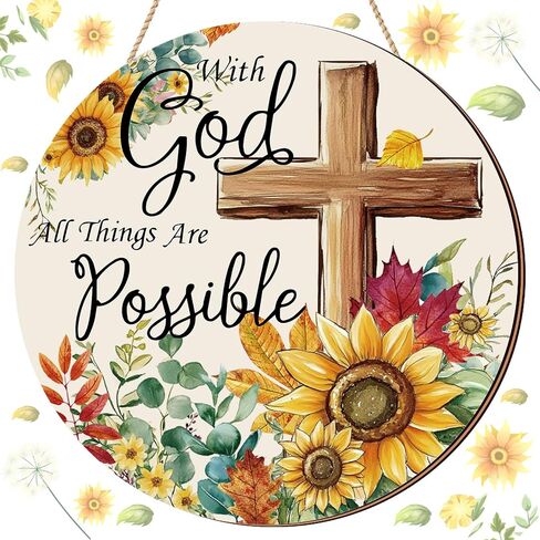 CroBlissful with God All Things Are Possible Spring Door Hanger Religious Cross Sunflower Spring Summer Wall Sign Inspirational Hanging Decorations for Front Door in Saudi Arabia