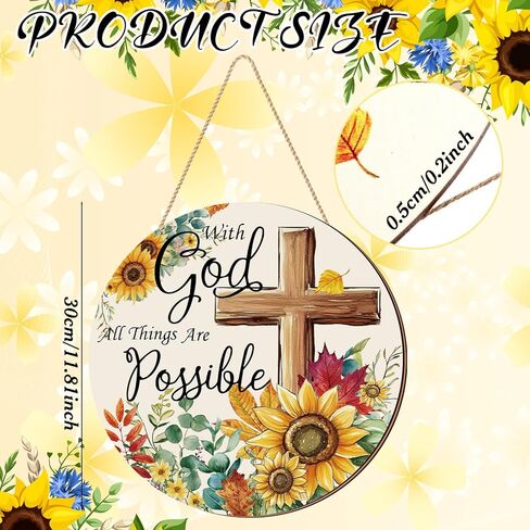 CroBlissful with God All Things Are Possible Spring Door Hanger Religious Cross Sunflower Spring Summer Wall Sign Inspirational Hanging Decorations for Front Door in Saudi Arabia