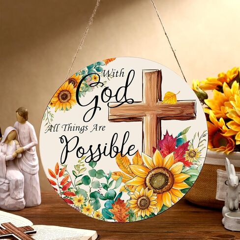CroBlissful with God All Things Are Possible Spring Door Hanger Religious Cross Sunflower Spring Summer Wall Sign Inspirational Hanging Decorations for Front Door in Saudi Arabia