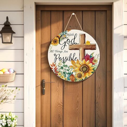 CroBlissful with God All Things Are Possible Spring Door Hanger Religious Cross Sunflower Spring Summer Wall Sign Inspirational Hanging Decorations for Front Door in Saudi Arabia