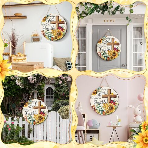 CroBlissful with God All Things Are Possible Spring Door Hanger Religious Cross Sunflower Spring Summer Wall Sign Inspirational Hanging Decorations for Front Door in Saudi Arabia