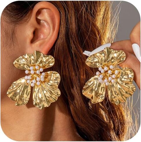 Statement Pearl Large Metal Flower Gold Earrings for Women, Unique Exaggerated Pearls Big Floral Stud Earring Trendy Cocktail Party Prom Jewelry Gift in Kuwait
