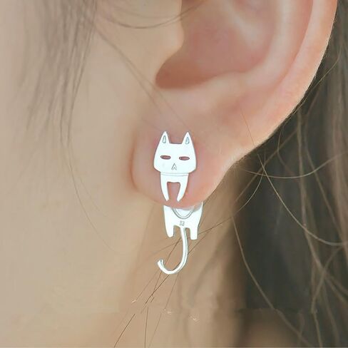 Cute Cat and Fish Stud Earrings Women Metal Silver Color Statement Jewelry in Saudi Arabia