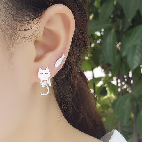 Cute Cat and Fish Stud Earrings Women Metal Silver Color Statement Jewelry in Saudi Arabia