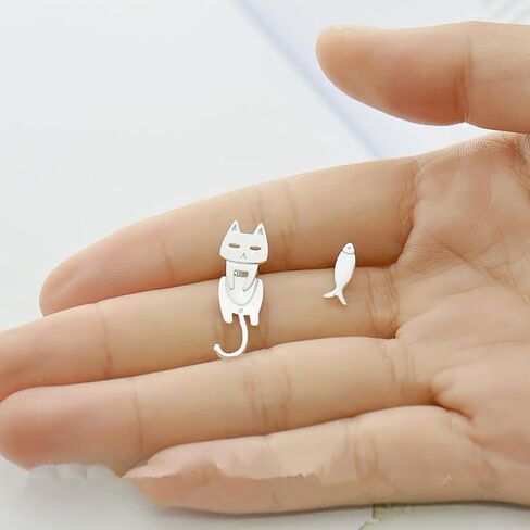 Cute Cat and Fish Stud Earrings Women Metal Silver Color Statement Jewelry in Saudi Arabia