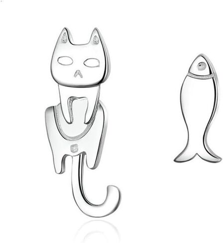 Cute Cat and Fish Stud Earrings Women Metal Silver Color Statement Jewelry in Saudi Arabia