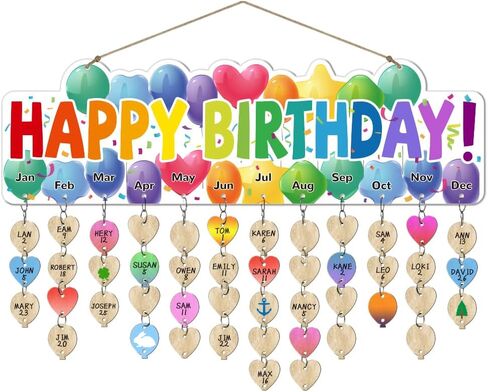 arricraft 1 Set Wooden Family Birthday Reminder Calendar Board, Happy Birthday Balloons Board With 100 Pcs Tags DIY Birthday Tracker Hanging Plaque 12x40cm/4.7x15.5inch for Home Decoration Friends in Saudi Arabia