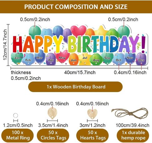 arricraft 1 Set Wooden Family Birthday Reminder Calendar Board, Happy Birthday Balloons Board With 100 Pcs Tags DIY Birthday Tracker Hanging Plaque 12x40cm/4.7x15.5inch for Home Decoration Friends in Saudi Arabia