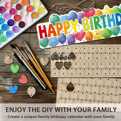 arricraft 1 Set Wooden Family Birthday Reminder Calendar Board, Happy Birthday Balloons Board With 100 Pcs Tags DIY Birthday Tracker Hanging Plaque 12x40cm/4.7x15.5inch for Home Decoration Friends in Saudi Arabia