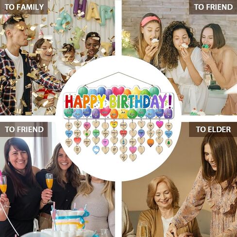 arricraft 1 Set Wooden Family Birthday Reminder Calendar Board, Happy Birthday Balloons Board With 100 Pcs Tags DIY Birthday Tracker Hanging Plaque 12x40cm/4.7x15.5inch for Home Decoration Friends in Saudi Arabia