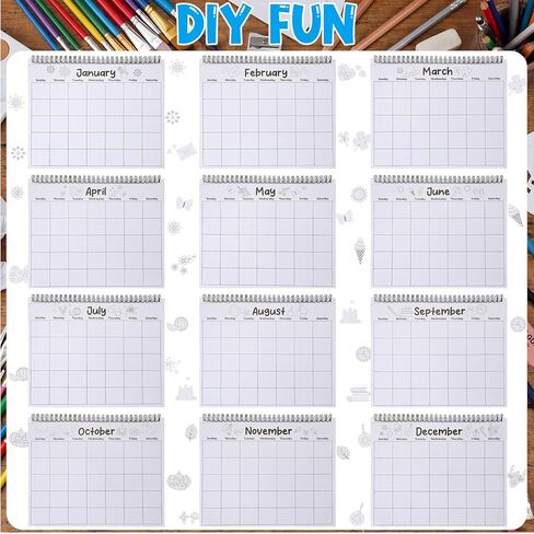 24 مجموعة من تقاويم الحائط الملونة لعام 2026، مقاس 10 × 8 بوصات، قم بتلوين التقويم الفارغ الخاص بك، نشاط ممتع، تقويم تلوين غير مؤرخ لمدة 12 شهرًا للتعلم التفاعلي في المنزل والفصل الدراسي in Kuwait