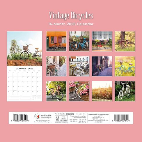 Red Robin 2026 Vintage Bicycles Monthly Wall Calendar | 12" x 24" Open | Premium Thick & Sturdy Paper | Hangable 12 Month Calendar | Lined Notes & To Do Area | Vivid Images | Plastic Free in Saudi Arabia
