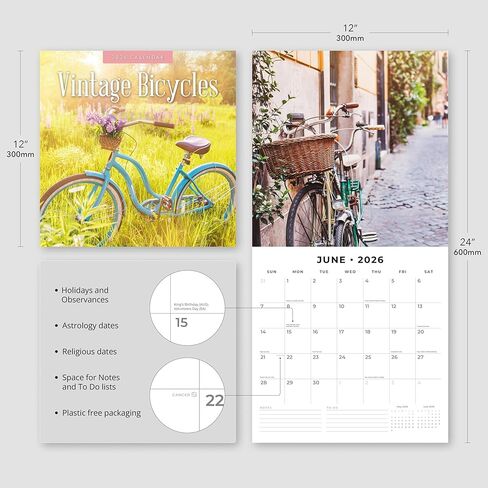 Red Robin 2026 Vintage Bicycles Monthly Wall Calendar | 12" x 24" Open | Premium Thick & Sturdy Paper | Hangable 12 Month Calendar | Lined Notes & To Do Area | Vivid Images | Plastic Free in Saudi Arabia