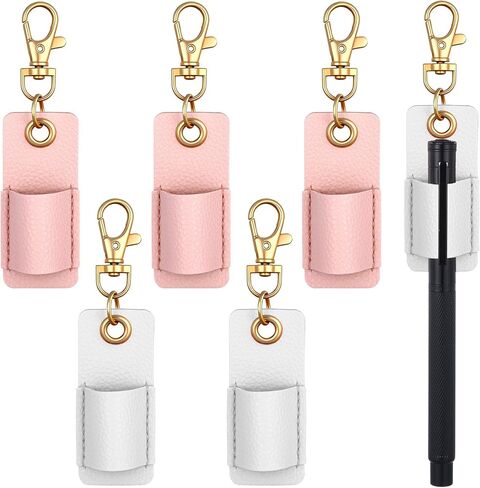 5 Pcs Double Lanyard Pen Clip, Portable Pen Holder for Lanyard, Anti-Lost Pen Holder for Badge Keychain, Pocket PU Leather Lanyard Pen for Nurses, Courier, Clerk (Pink, White) in Kuwait