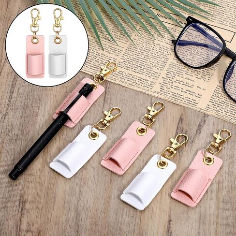 5 Pcs Double Lanyard Pen Clip, Portable Pen Holder for Lanyard, Anti-Lost Pen Holder for Badge Keychain, Pocket PU Leather Lanyard Pen for Nurses, Courier, Clerk (Pink, White) in Kuwait
